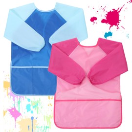 oruola 2 pcs Kids Aprons for Painting,Toddler Painting Apron,Kid Paint Apron,Artist Smock for Kids Age 5-8 with Long Sleeve and 3 Pockets for Kid Paint Cooking Baking(Blue and Pink)