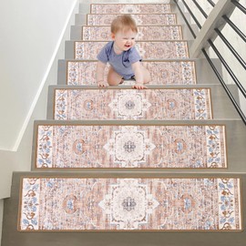 Ileading Non Slip Carpet Stair Treads for Wooden Steps 15 Pack 30" X 8" Peel and Stick Staircase Step Treads Edging Indoor Stair Runner Boho Stair Covers Safety Rug for Kids and Pets, Light Orange