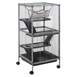 PawHut Metal Small Animal Cage, 4-Tiers Rolling Big Ferret Cage with Hammock, Removable Tray, for Chinchilla, Sugar Glider, Gray