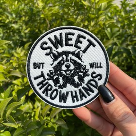 Sweet But Will Throw Hands Patch 3 Inches Funny Raccoon Sarcasm Animal Lover Iron On/Sew On Embroidery Fabric Applique Patches for Trucker Hats Clothes Backpack DIY Accessories Friends Mom Gifts