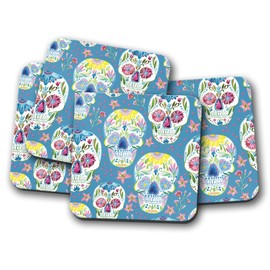 4 Set - Flowery Sugar Skulls Drinks Coaster - Calavera Mexico Dead #8492