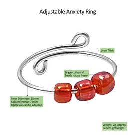 CERSLIMO Anxiety Ring for Women Men, Silver Rotate Bead Anxiety Relief Ring - Open Adjustable Fidget Ring with Colorful Beads, Stress Reliever Spinner Ring | Finger Ring Jewellery Gifts, Red Bead