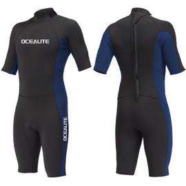 Ocealite Men's 3mm Shorty Wetsuit Neoprene Back Zip Diving Suit Flatlock Stitch Lightweight Surfing Snorkeling Paddleboarding Swim Suit with Lycra Trim Key Pocket (Mens 3mm Navy Blue, X-Large)