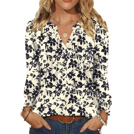 LOMON Womens Tops Dressy Casual Pleated V Neck Long Sleeve Shirts for Women Fall Fashion Basic Tees for Women Ladies Work Blouse Apricot Black Floral M