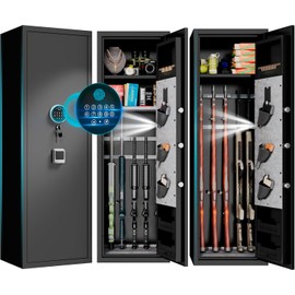 Large Gun Safe for Rifles and Pistols with 3 Pistol Pouches, Quick Access Safes with Removable Gun Rack for Shotguns, Fireproof Waterproof Gun Cabinet with Biometric Lock, 17.7” D x 15.7” W x 55.1” H