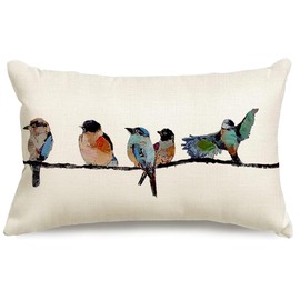 RABUSOFA Watercolor Birds Pillows Decorative Throw Pillows 12x20,Blue Teal Hand-Painted Oil Painting Rustic Birds Lumbar Pillow Cases,Cute Colorfull Spring Decorations for Home Couch Sofa Outdoor