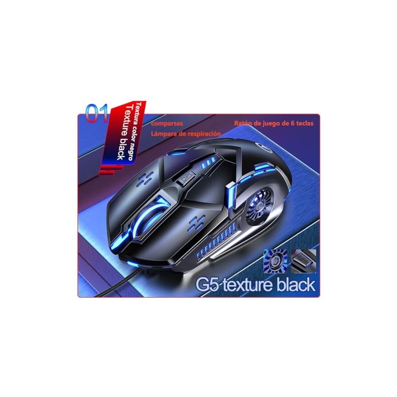 Guibell Mouse Gaming con Cable 3200 dpi,Luces LED 7 Modos,Negro