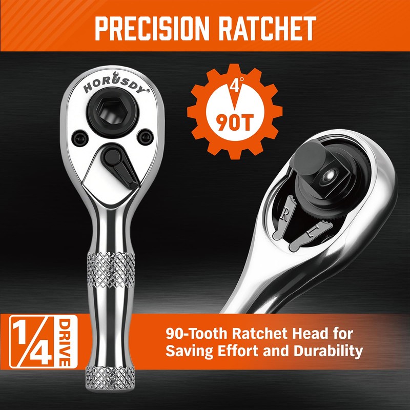HORUSDY 1/4-Inch Stubby Ratchet Wrench Set, Chrome Alloy 90-Tooth Reversible