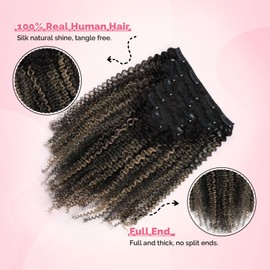 Yuniffe Afro Curly Clip in Hair Extensions for Black Women Real Human Hair Clip ins Afro Kinky Curly Rooted Black to Off Black With Caramel Blonde Double Weft Remy Hair Clip ins 12 Inch 7Pcs 120g