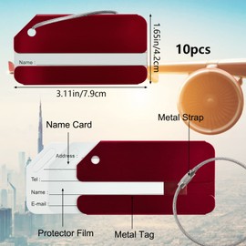 WANDIC Luggage Tags, Pack of 10 Red Aluminium Alloy Travel Bag Tags with Name ID, Metal Suitcase Labels with Key Ring for Travel Business