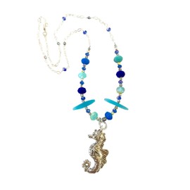 Green Girl Seahorse Necklace, Sea Glass Necklace, Pewter Seahorse Pendant Necklace, Ocean Crystal Necklace.