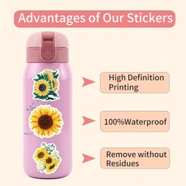SunFlower Stickers for Water Bottle,55 PCS Flower Stickers Pack for Bicycle Suitcase Laptop Phone Luggage Guitar,Waterproof Aesthetic Vinyl Stickers for Teens Party Favors