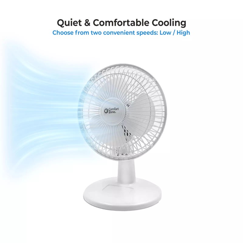 Comfort Zone 6 Inch Desk Fan White 2 Speed Quiet