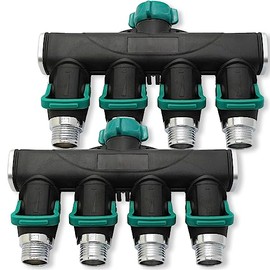 4 Way Hose Splitter, Metal Hose Connector, 2 Pack Heavy Duty Garden Hose Splitter, 4 Valves, Easy Grip, Easy to Open, for 3/4" Hose Connector, Rust-Resistant Adapter, (2, Green, 4 Way Splitter)