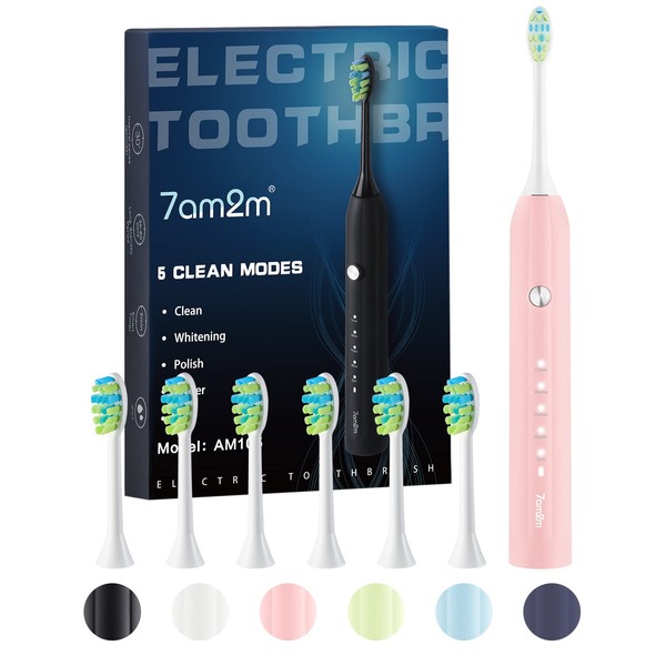 7AM2M Sonic Electric Toothbrush for Adults and Kids, with 6 Brush Heads, 5 Modes with 2 Minutes Build in Smart Timer, Roman Column Handle Design (Pink, 1 Count (Pack of 1))