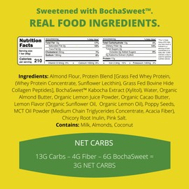 BochaSweet Keto Protein Bar, Lemon Poppyseed BochaBar, 17g Grass Fed Collagen, Low Carb, Keto-Friendly, Gluten Free, 4 Count