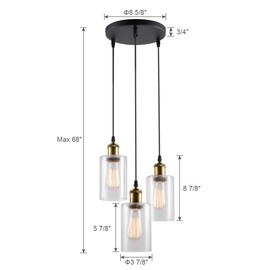 VILUXY Vintage 3 Light Glass Pendant Light Classic Cluster Chandelier Hanging Lighting Fixture with Seeded Glass Shades for Kitchen Island, Dinning Room, Bar, Cafe，Farmhouse