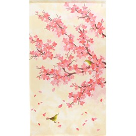 Noren 11328 Cherry Blossoms Seasonal Half Noren Spring Four Seasons Flower Width 33.5 x Length 59.1 inches (85 cm) x Length 59.1 inches (150 cm) Sakura and Bird Naoko Yamanaka