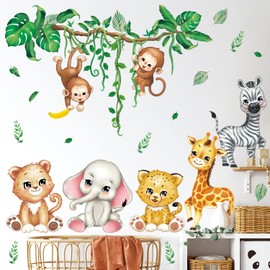 DECOWALL DS12-8073 Baby Animals Wall Sticker Decor Zoo Safari Monkey Lion Zebra Elephant Giraffe Kindergarten Nursery Kids Room DIY Wall Decal Sticker Wall Art Stickers Boys Girls Children Bathroom