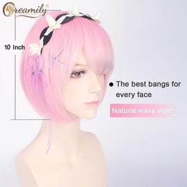 Creamily Short Bob Pink Straight Wig with Bangs for Women, Natural Straight Bob Synthetic Hair Wig for Girls, Pink Color Costume Cosplay Party Daily Use