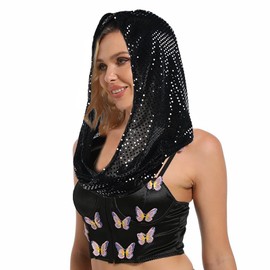 FlyCC Sequin Unisex Rave Hood Cosplay Festival Hat Disco Sparkly Bandana Rave Accessories Outdoor Costume Outfit Streetwear Black