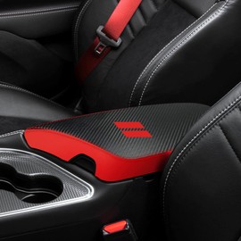 XYHGM Car Center Console Armrest Cover for Dodge Challenger Accessories 2015-2017 2018 2019 2020 2021 2022 2023 Leather Anti-Scratch Central Armrest Lid Protector Cushion Decoration(Carbon Fibre+Red)