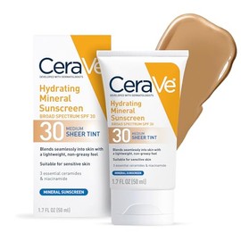 CeraVe Protector solar mineral hidratante SPF 30 con tinte transparente, protector solar mineral tintado con óxido de zinc y dióxido de titanio, se me
