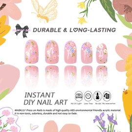 3D Embossed Press on Nails Short Almond Floral False Nails with Designs Flower Nail Tip Fake Nails Light Pink Glossy Glue on Nails Acrylic Nails Handmade Nails Artificial Nails for Women Girls 24Pcs