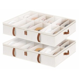 StorageWorks Shoe Organizer Under Bed for Closet, 2-Pack Ultra-thick Fabric Shoe Storage Containers with Bottom Support and Adjustable Dividers, Fits up to 24 Pairs, Beige