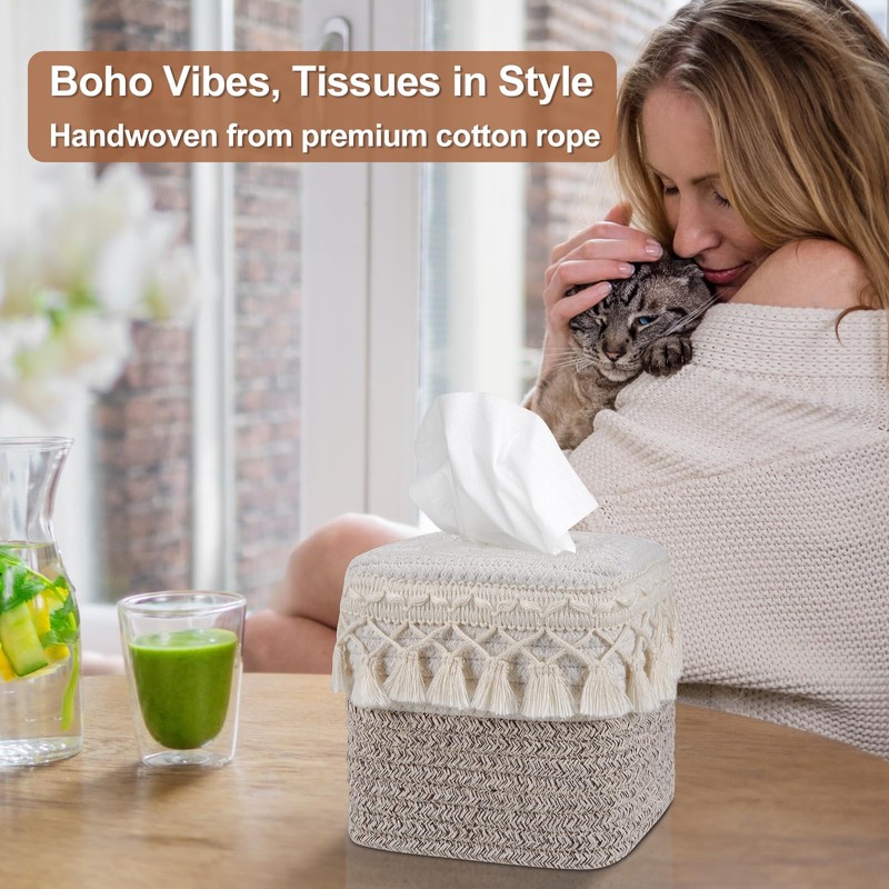 Natural Boho Tissue Box Cover: Handwoven Square Holder with Tassel