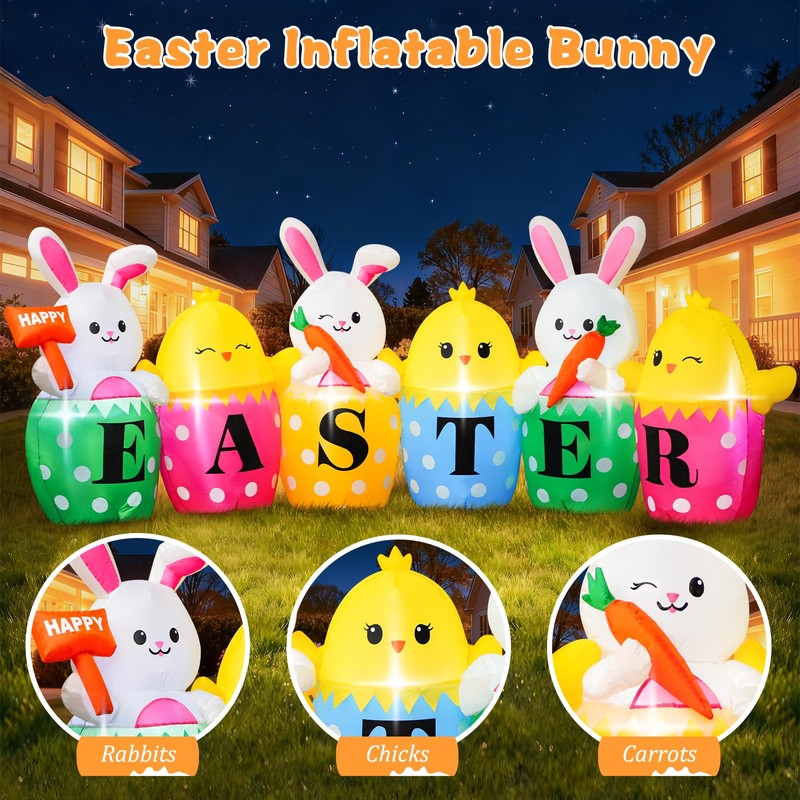 10 FT Easter Inflatables Bunny, Cute Rabbits with Carrots, Eggs,