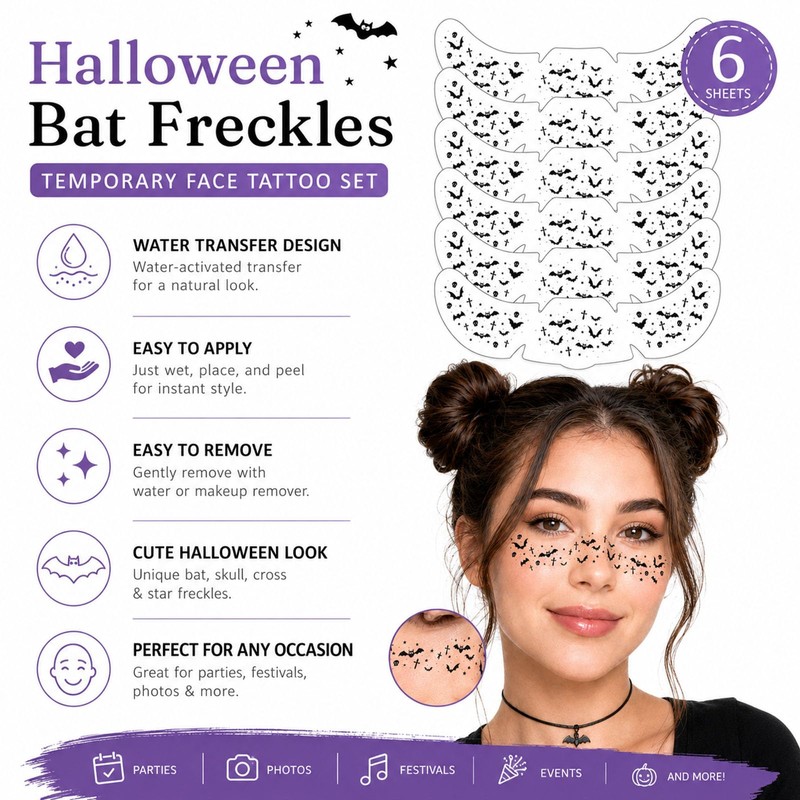 Halloween Bat Freckle Face Temporary Tattoos Stickers for Cosplay Makeup