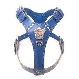 M&D Beautiful Blue Leather Dog Harness Large with Staffy Staffordshire Bullterrier Head Motif & Knot (Silver Fittings)