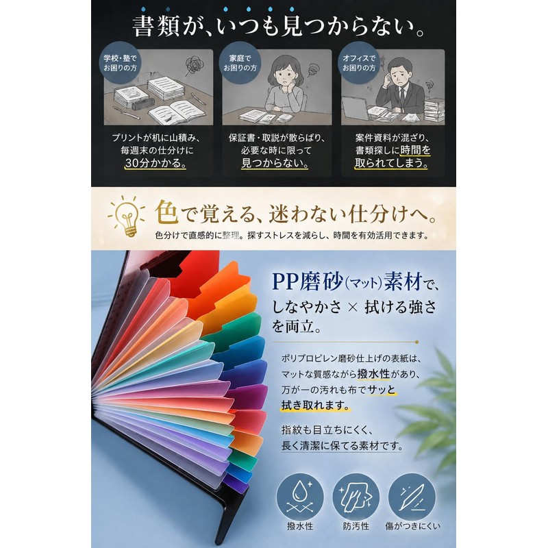 【大量の書類をまとめて収納】 fogman ドキュメントファイル A4 12インデックス 24ポケット 防水 薄型 ブラック (ブラック)