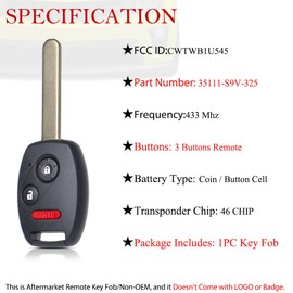Key Fob Remote Replacement Fits for Honda Pilot 2005 2006 2007 2008 CWTWB1U545 Keyless Entry Remote Control 35111-S9V-325