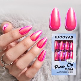 Press on Nails Medium Almond - Hot Pink Chrome Fake Nails,Supremely Fit &Natural Glue on Nails, Reusable Stick On Nails with Mini Nail File, Glue, 12 Sizes Handmade False Nail Kit