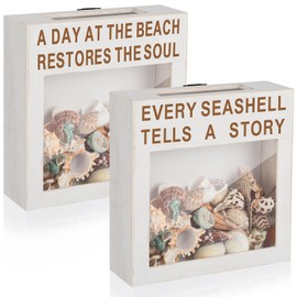 Juexica 2 Pcs Seashell Holder Seashell Display Box Beach Room Decor Ocean Themed Gifts for Beach Coastal Decor Acrylic Wall Hanging Display Case(Retro White,Beach Restores the Soul)
