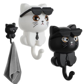 YUXIANLB Cute Cats Keys Hooks Keys Holder 2PCS Adhesive Keys Cats Hooks Cartoon Cats Gravity Creativity Hook with Sunglasses Pet Themed Keys Hanger Wall Mounted Hook for Hanging Bag Hat Coats Towel