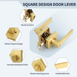 LOQRON Heavy Duty Privacy Door Lever with Lock, Square Design Interior Door Lever No Key, Reversible Handle for Bedroom and Bathroom Door Lock, Satin Brass