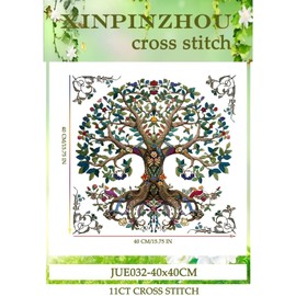 Xinpinzhou Tree 11ct Cross Stitch, 11 Count Counted Stamped Pre Printed Cross Stitch Embroidery Kits for Adults Beginners Starter Advanced Easy Crossstitch Patterns Set Wall Decor 40x40 cm