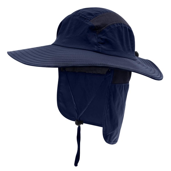 Home Prefer Mens UPF 50+ Sun Protection Cap Wide Brim Fishing Hat with Neck Flap (Navy Blue)