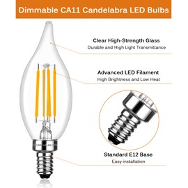 Brtstiun E12 Candelabra Bulb Small Base C35 Dimmable 60 Watt Chandelier Light Bulbs, CA11 2700K Soft Warm White Decorative LED Candle for Bedroom, 12 Pack