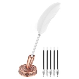 PATIKIL White Feather Ballpoint Pens Bulk, Metal Holder Black Ink Vintage Quill Writing Pens with 5Pcs Refill for Office, Wedding Signature, Red Bronze