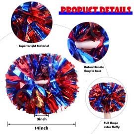 Hooshing 2PCS Blue and Red Pom Poms Cheerleading Rainbow Cheer Pom Poms with Baton Handle for Sports Team Spirit Cheering