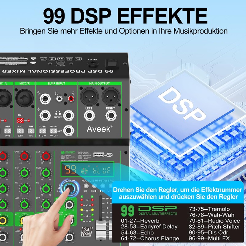 Aveek Audio Mixer,Professional Sound Board Mixing Console with USB Drive/Bluetooth/Computer/4