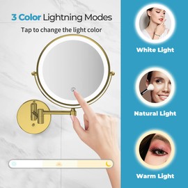 Fab Glass and Mirror Rechargeable Lighted Makeup Mirror 8 Inch, 1x/10x Magnification 3 Color Lights Touch Screen Dimmable 360° Rotation, Wall Mounted Magnifying Mirror Wall Mounted Mirrors (Gold)