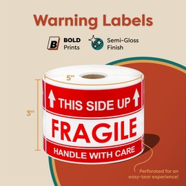 Aegis Adhesives - 3" X 5" This Side Up Arrow - Handle with Care, Warning Shipping Labels (1 Roll, 500 Stickers/Roll)