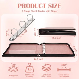 3 Rings Check Binder with Zipper PU Leather 1 Inch D Ring Business Check Holder 9" x11 1/4" Checkbook Organizer for 300 Receipts 3 or 9 Holes Checks End Stub Deskbook Checks (Rose Gold)