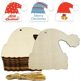20pcs 4 Inch Wood Santa Hat Cutouts Unfinished Wooden DIY Craft Tags Ornaments with Ropes for Christmas Tree Holidays Party Decoration
