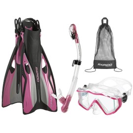 Phantom Aquatics Rapido Panoramic 180° View Snorkel Mask, Self Adjust Snorkeling Fins, Dry Snorkel, Mask Fin Snorkel Set with Snorkel Gear Bag, PK-LG